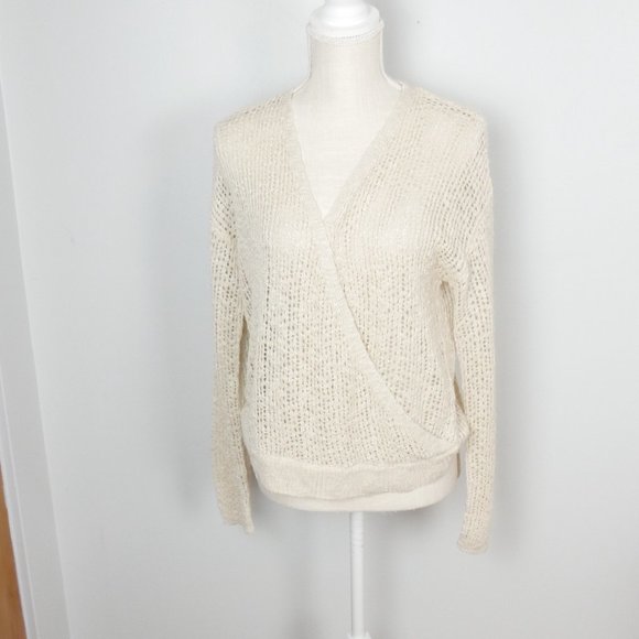 Hem & Thread Tan Cream Wrap Top Balletcore Long Sleeve Open Knit Sweater Medium - Picture 2 of 11